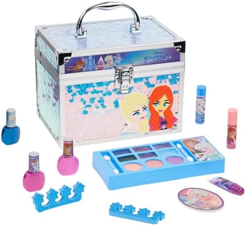 Disney Frozen Train Case Beauty Set, Kids Makeup Kit for Girls, Real Washable Makeup Set, Play Makeup, Party Favor, Birthday, Ages 3 4 5 6 7 8 9 10 11 12 by Townley Girl
