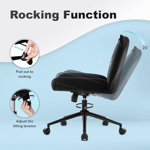 Image of IWMH Ergonomic Criss Cross Legged Office Chair with Wheels, Desk Chair with Fabric Padded, Height Adjustable Wide Seat Vanity Chairs,Mid Back Task Chair for Home, Bedroom (Black)