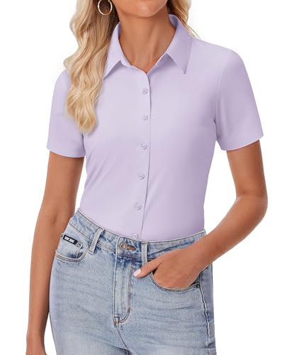 Image of siliteelon Womens Button Down Shirt Slim Fit Stretch Short Sleeve Dress Shirt Wrinkle Free Collared Business Work Blouse Top