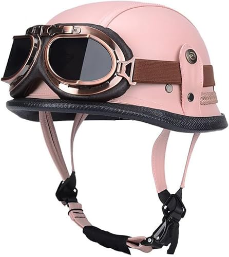RCGNR Halbschalenhelm ECE Zertifiziert, Jethelm Retro, Vintage Motorrad Helm, Scooter-Helm, Offenem Helm, mit Brille Halbhelm für Männer Frauen,Rosa,M