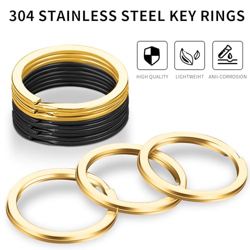 Image of Gkeygo 12 pcs Stainless Steel Key Rings, 1 inch Flat Split Keychain Ring for Car Keys, Dog Tag, Home, Office, DIY, Black - Gold