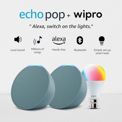 Image of Amazon Echo Pop (Green) gift twin pack with Wipro 9W Simple Setup LED Smart Color Bulb and Alexa | with Smart Home controls