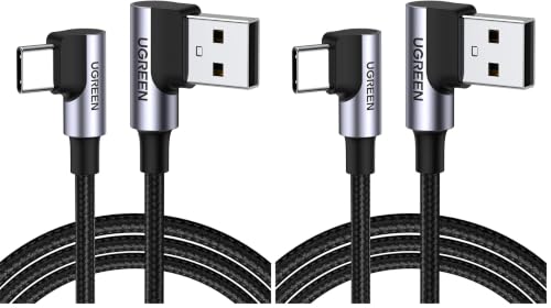 Image of UGREEN USB to USB C Cable 90 Degree USB C Fast Charging Cord Compatible with iPhone 17 /16 /16 Plus /16 Pro /16 Pro Max /15 /Samsung Galaxy S10 /S10+ /Pixel 9 /6a /LG G8 /G7 /Pixel /Switch, etc, 1.6FT (Pack of 2)
