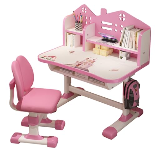 Upgraded Kinderschreibtisch,höhenverstellbar, Schüler-Schreibtisch und Stuhl, Kinderschule, Studiertisch mit Schubladenablagen, Bücherregal, Studienstuhl und Schreibtisch für Kinder(Rosa 105cm)