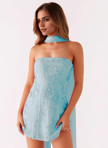 Women Sparkly Sequin Mini Dress with Scarf Y2k Beaded Rhinestone Strapless Short Dresses Glitter Party Tube Dress2