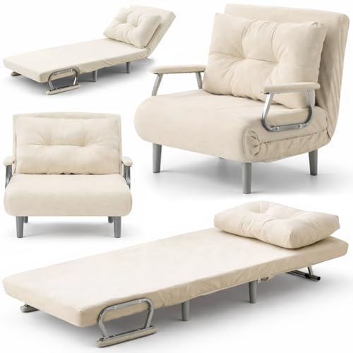 BAKAJI Poltrona Letto Singolo Reclinabile 3 in 1, Divano Convertibile Chaise Lounge con Seduta Imbottita e Rivestimento Velluto a Coste, Poltroncina Salvaspazio Relax 80 x 68 x 82 cm (Beige)