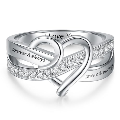 925 Sterling Silver Promise Rings for Her, Infinity Heart Custom Ring for Women Personalized Birthstones Engraved Name, Anniversary Wedding Birthday Jewelry Gift With Gift Box Size 5-9