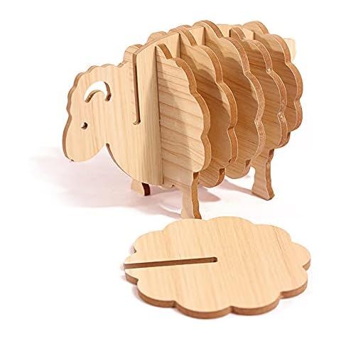 Runaup 6 PCS Wooden Sheep Coasters Set, Cute 3D Lamb Coasters for Drinks Beer Wine Glass Tea Coffee Cup Mug Cover