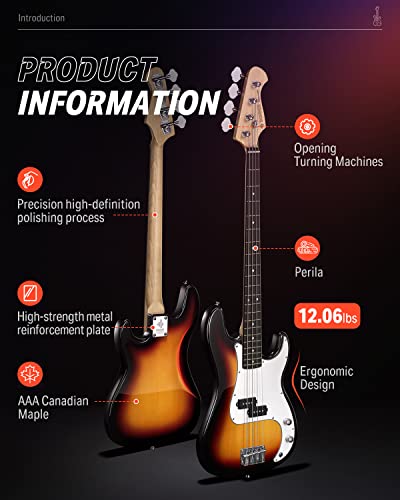 Donner Electric Bass Guitar 4 Strings Full-Size Standard Bass Pb-Style Beginner Kit Sunburst For Starter With Free Online Lesson Gig Bag Guitar Strap And Guitar Cable, Dpb-510S #TOP3