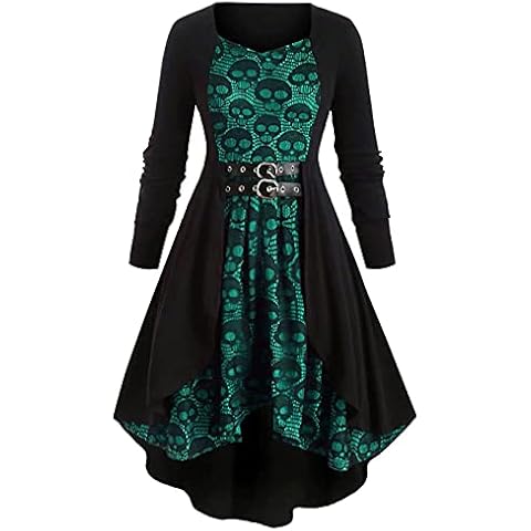 Gothic Maxi Dresses for Women UK, Ladies Irregular Hem Belted Fit and Flare Skull Print Pleated Skirt,Summer Ruched Long Sleeve Button V-Neck Empire Waist Evening Party Fancy Dress(B-Green,5XL) Cover