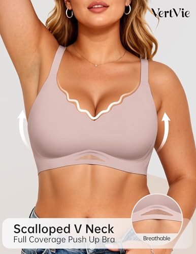 Image of Vertvie Jelly Bras for Women No Underwire Supportive | Seamless Wireless Bralette, Cool Breathable Mesh, Push Up Scalloped V-Neck, Full Coverage Tshirt Bra, Soft Comfortable