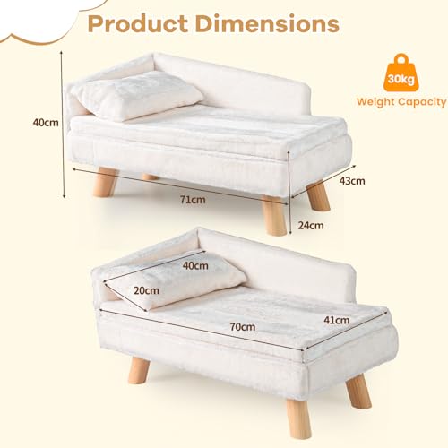 SOARS Hundesofa, Katzensofa mit Rückenlehne, Kissen & Holzbeinen, Hundecouch für kleine Hunde, Hundebett erhöht, Haustiersofa, 71 x 43 x 40 cm, Beige