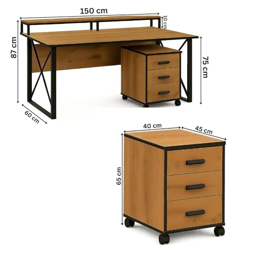 Image of FFO Wooden Gaming Desk with 3-Drawer Mobile Cabinet | Large Computer Table for Gaming & Home | Study & Workstation Desk with Sturdy Metal Frame | DIY Assembly | Oak Finish (150x60x75 cm, Brown)