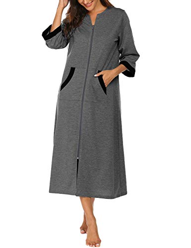 Image of Ekouaer Women Zipper Robe 3 /4 Sleeves Loungewear Dress Full Length Sleepwear Pockets Housecoat Nightgown Long Bathrobe