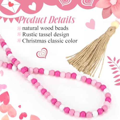 Image of Equsion Wooden Bead Garland with Tassels, Extra Long Fireplace Wood Bead Garlands Rustic Farmhouse Vintage Boho Beads Garland for Party Home Decor Tiered Tray Decorative Beads(Pink)