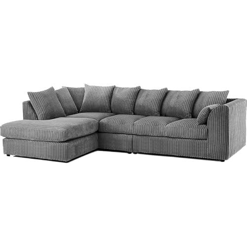 3&2 Seated Couches, 4-5 Seater L Shape Left & Right Hand Corner Sofa Grey, Comfortable 3+2 Settee Sofa Set, Durable and Elegant Love Seat and Arm Chair, Jumbo Cord Sofas for Living Room (LH 5 Seater)