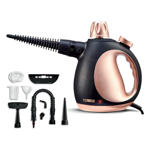 Tower THS10 Handheld Steam Cleaner with 9 Accessories, 250ml Water Tank, 3 Minute Heat-up, 1050W, Blush Gold, T134000BLG