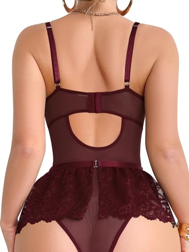 Image of Foxiny Sexy Lingerie Set 3 Piece Women Corset Bodysuit | Sheer Mesh Lace Push-Up Underwire Heart Garter Stocking Plus Size Curvy Exotic Costume Halloween Christmas Valentine's Day