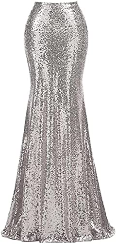 PROMLINK Sequin Mermaid Skirts for Women High Waist Glitter Maxi Skirts Dresses,Silver,16