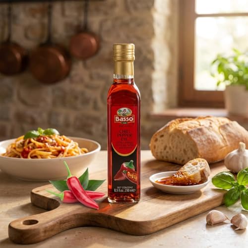 BASSO 1904 - Spicy Chili Oil, Infused Premium Extra Virgin Olive Oil, 8.5 Fl Oz (250 ml), Drizzle, Cooking, Dipping, Dressing, and Tasting