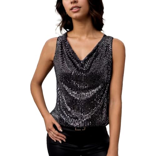 EMOTTOS Mujeres Lentejuelas Swing Cuello Camiseta de Tirantes, sin Manga Purpurina Top V Cuello Camisola, Elegante Swing Brillo Chaleco Slim Fit Top Fiesta Club para Las Señoras, Negro, S