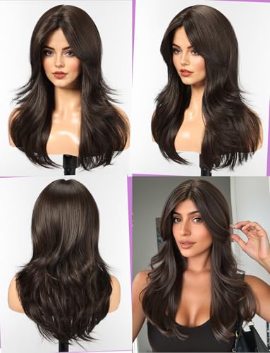 WOKESTAR Natural Long Wigs for Women with Fringe Synthetic Heat Resistant Hair Natural Brown Wig for Daily Party Cosplay Use - Image 3