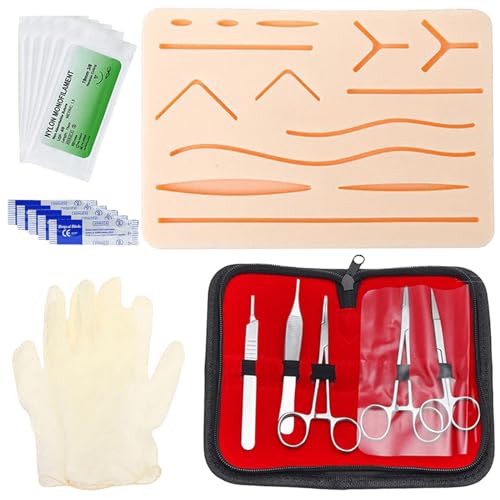 Kit de sutura quirúrgica:kit de práctica de sutura,material de sutura quirúrgica,kit de práctica de sutura de heridas,almohadilla de sutura de silicona con kit de herramientas(solo para uso educativo)
