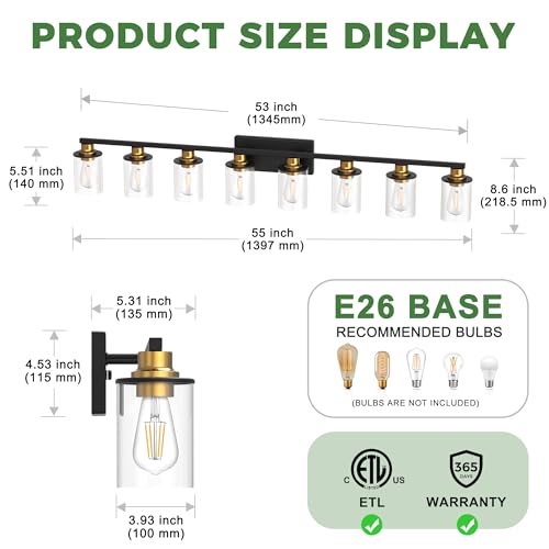 Image of DORESshop Bathroom Vanity Light Fixture 55 Inch 8-Light Black and Gold