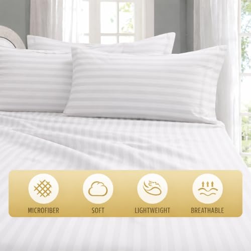 Image of Bedsheets for Queen - 90x102 Inch Bed - Microfiber Stripe White Bed Sheet Include Pillow Cover, Ultra Soft | for Home, Hotel, Villa, Resort and Guest House