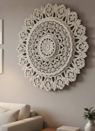 Image of Decor Delights Wall panel Floral MDF Wall Decoration Panel, Hanging Wood Carving Wall Decoration Panel for Living Room, Bedroom, Hallway, Office Wooden Wall Hanging Plaque, Wood Carving (3D White)