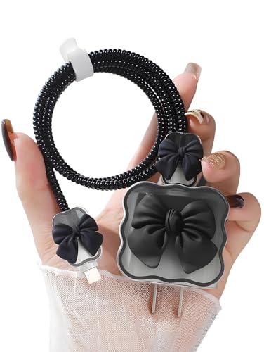 Image of skysia Bow Charger Protector for 18W 20W iPhone Chargers - Silicone Cable Saver Sleeve | Protective Cute 3D Cartoon Cover | USB Adapter Guard & Wire| Wrap Charging Cord Gadgets (Combo) (Blk&PnkBow)