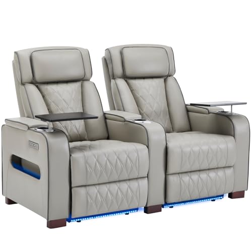 Image of Luxury Home Theater Seating - Power Recliner with Adjustable Headrests, Blue LED Ambient Lighting, Tray Table, USB & Type-C Charging (Grey,2 Seat)