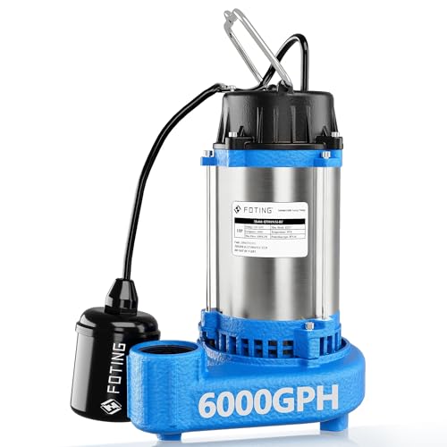 FOTING Sump Pump Submersible Sewage/Effluent Pump - Heavy Duty Cast Iron - 115V Septic Pump for Sump Basin/Residential/Sewage/Basement, 1HP 6000 GPH Sewage Pumps 1-1/2'' NPT