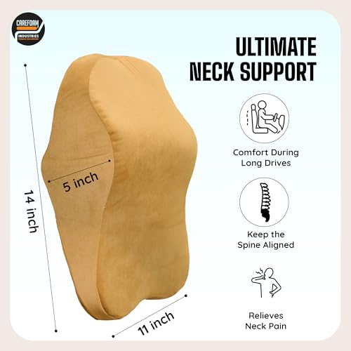 Image of CareFoam Ultimate Memory Foam Car Neck Rest Pillow, Comfortable Rides, Superior Neck Support Cushion, Relieves Neck Pain, Tan Velvet Cover | 14 x11 x5 Inch | Small Pack of 1