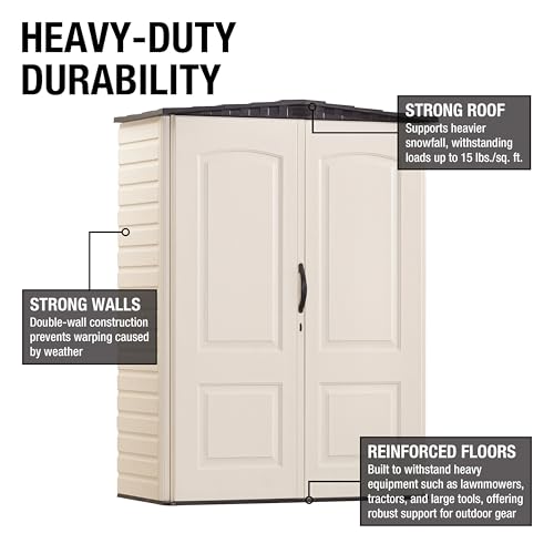 Rubbermaid Small Vertical Resin Outdoor Storage Shed With Floor (2.3 x 4.6 Ft), Weather Resistant, Beige/Brown, Organization for Home/Backyard/Pool Chemicals/Toys/Garden Tools/Porch/Patio Cushions
