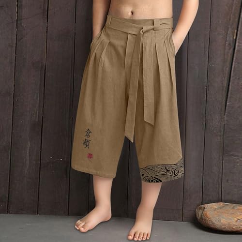 Boy 's Linen Wide Leg Pants Tween Pleated Japanese Fashion Cropped Trousers Drawstring Kids Elastic Waist Casual Capri Pants3