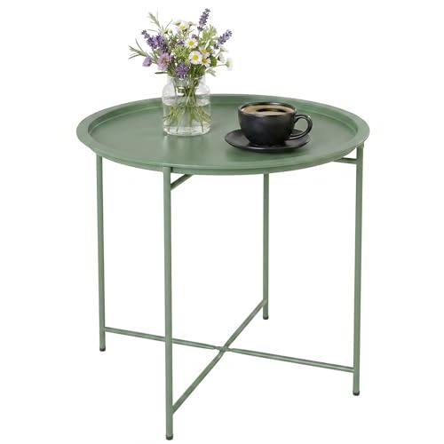 Outsunny Mesa Auxiliar Redonda Mesa De Jardín Exterior Con Bandeja Extraíble Patas Plegables Mesa Para Exterior Terraza Patio Ø46x53 Cm Verde