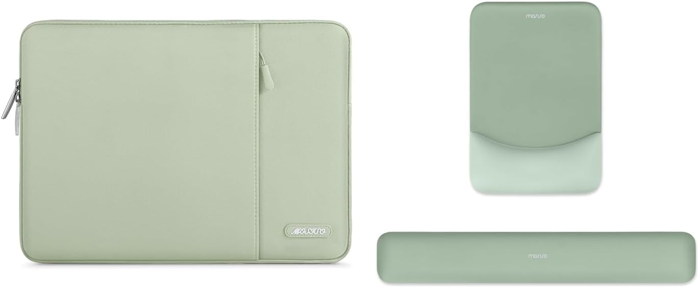 MOSISO Rectangular Wrist Rest Support for Mouse Pad & Keyboard Set&Laptop Sleeve Bag Compatible with MacBook Air/Pro, 13-13.3 inch Notebook, Polyester Vertical Case with Pocket, Sage Green&Green