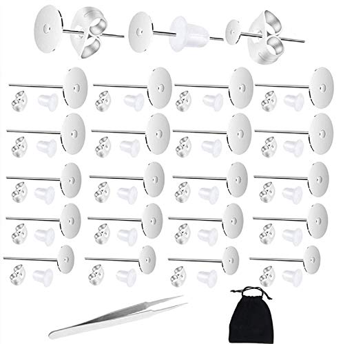 2100 PCS 4MM 6MM 8MM Earring Posts and Backs Hypoallergenic Stainless Steel Flat Pad Earring Studs with Butterfly and Rubber Bullet Earring Backs for DIY Jewelry Making Findings