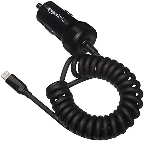 Amazon Basics 12W (5V, 2.4A) Car Charger with Lightning Cable (Coiled) for iPhone and Apple Devices, 1.5 ft - Black