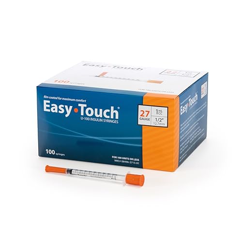 Easy Touch U-100 Insulin Syringe with Needle, 27G 1cc 1/2-Inch (12.7mm), Box of 100