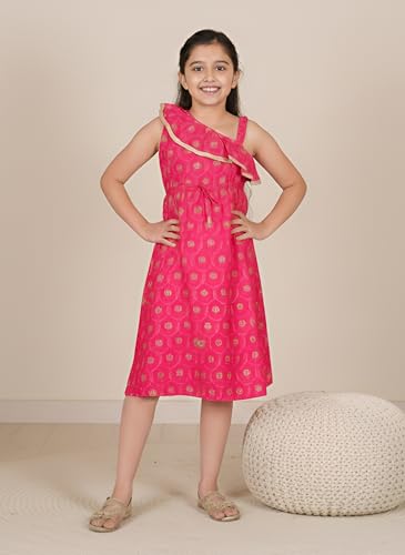 Image of Yash Gallery Kids Rayon One Shoulder Starp Floral Printed Midi Dress for Girl