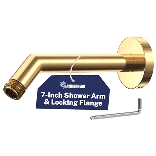All Metal Shower Arm and Flange with Locking Set Screw, Polished Brass | 7 Inch Pipe | Universal Size for All Shower Heads