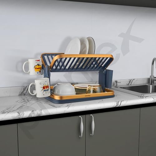 Image of Plantex Kitchen Storage Rack /Aluminium Fold Flat Dish Drying Rack with Drainboard /2-Tier Kitchen Organiser Rack - (Gold & Grey)