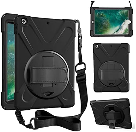 Junfire iPad 5th/6th Generation Case, 9.7 Inch 2017/2018 with Rotating Kickstand Hand Strap + Shoulder Strap, Heavy Duty Shockproof for A1822/A1823/A1893/A1954, Black