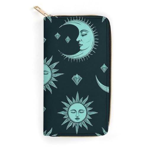 Women's Travel Zipper Purse Fashion Design, Huge Storage Capacity Purse, Cute Decor Wallet, Long PU Wallet Trippy Sun Moon Star