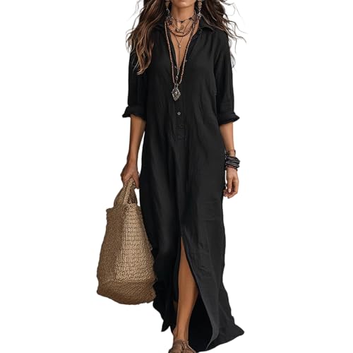 Ansenesna Blusenkleid Damen Langarm Elegant Sommerkleid Damen Lang Leicht Tunika Kleid Sommer Maxikleider mit Ärmel Strand Frühlingskleid Frauen V Ausschnitt Casual Hemdblusenkleid mit Schlitz