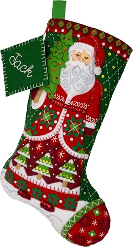 Image of Bucilla Felt Applique 18 inch Stocking Making Kit, Santa's Quilted Delight, Perfect for DIY Arts and Crafts, 89734E