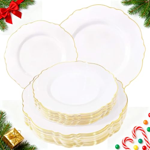 WDF 60pcs White and Gold Plastic Plates - Baroque White With Gold of 30 Heavy Duty Gold dinner plates 10.25inch, 30 Salad Plates 7.5inch Perfect for Christmas/Weddings/Party/Birthday WDF 60pcs White and Gold Plastic Plates - Baroque White With Gold of 30 Heavy Duty Gold dinner plates 10.25inch, 30 Salad Plates 7.5inch Perfect for Christmas/Weddings/Party/Birthday