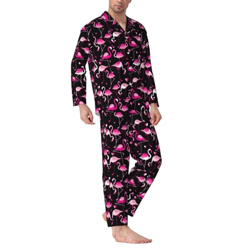 Mens Pink Flamingo Pajama Set,Long Sleeve Pajamas & Long Pants with Pockets, Button-up Sleepwear Lounge Pjs3